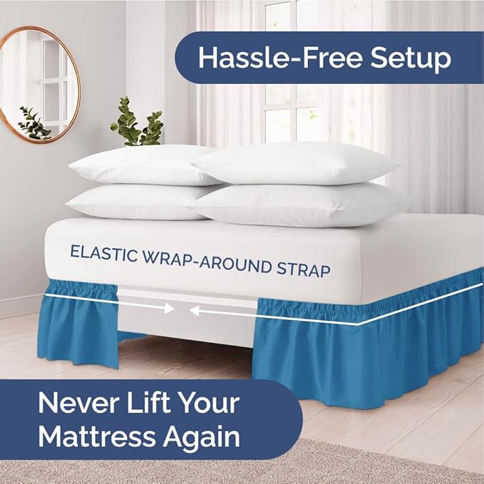 Wrap Around Dust Ruffle Bed Skirt - Denim Blue - for King Size Beds with 24 Inch Drop - Elastic Strap - Adjustable Pleated Bedskirt with Brushed Fabric and Wrinkle Free - for Women, Men, Kids & Teens