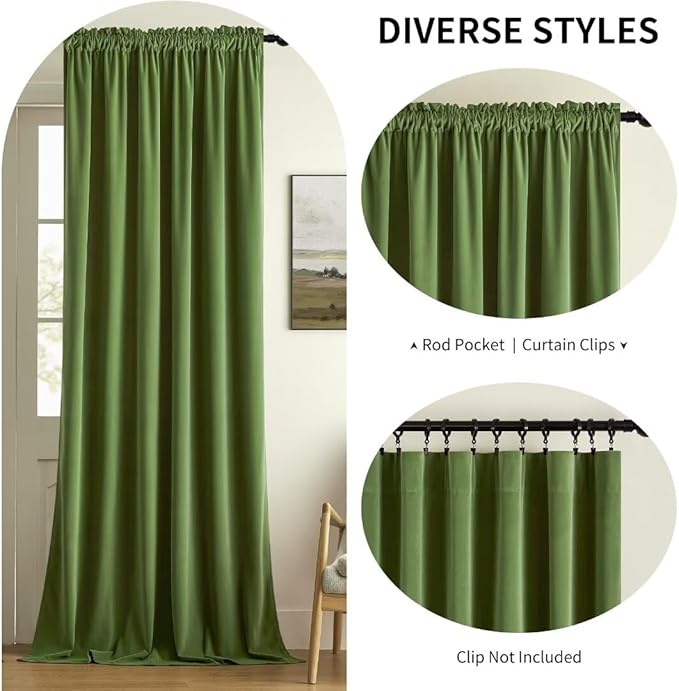 Joydeco Green Velvet Curtains 108 inch 2 Panel, Room Darkening Super Soft Velvet Drapes for Bedroom Living Room Thermal Insulated Window Drapes, Luxury Blackout Rod Pocket Curtains,W52 x L108 inch