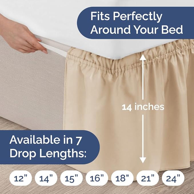 Wrap Around Dust Ruffle Bed Skirt - Cream - for King Size Beds w/ 14 Inch Drop - Easy Fit Elastic Strap - Adjustable Pleated Bedskirt w/Brushed Fabric, Wrinkle & Fade Free Women, Men, Kids & Teens