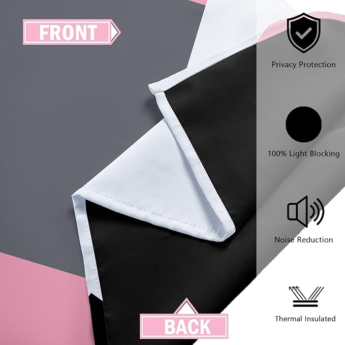 Pink 100% Blackout Curtains for Bedroom 84 inch Length 2 Panels Set White Grey Modern Abstract Geometric Black Out Curtains Insulated Room Darkening Window Drapes for Girls Living Room, 52Wx84L