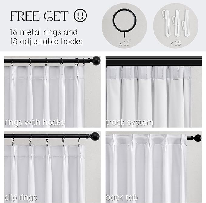 Topfinel White Pinch Pleated Curtains 96 Inch Long, 100% Blackout Thermal Insulated Natural Linen Pinch Pleat Viral Ivory Drapes with Hooks Rings 2 Panel Sets, 8FT Back Tab Window Curtains