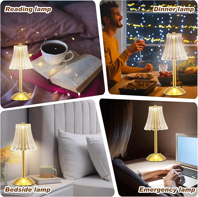 Liliful 1 Pcs Cordless Table Lamp Rechargeable Touch LED Small Gold Portable Battery Operated USB-c Desk Lamp 3 Color Dimmable for Bedroom Living Room Dining (Gold,Rose Style)