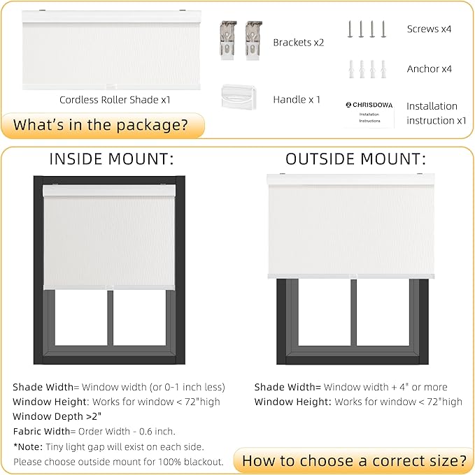ChrisDowa Cordless Blackout Roller Shades for Windows, Striped Free-Stop Window Blinds with Privacy, Thermal Insulated Window Shades for Home, Office and Door. White, 45" W x 72" H