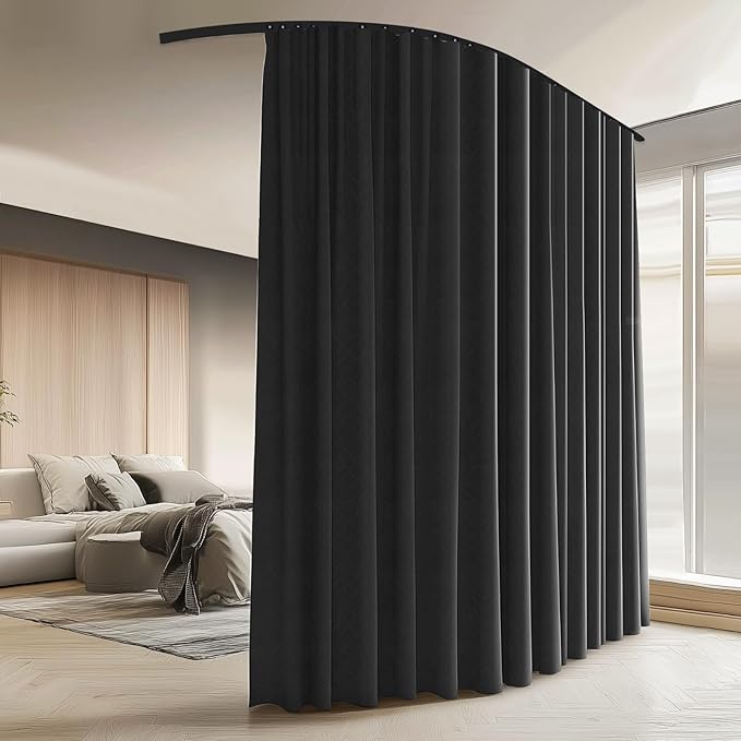 Room Divider Curtains with Ceiling Curtain Track Set Window Curtain for Bedroom,Living Room Total Blackout Thermal Insulated Privacy Ceiling Track Curtain W 6 × H 6 FT Black drape&Black track