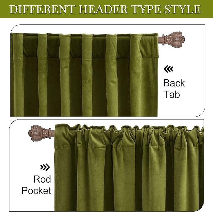 RYB HOME Moss Green Velvet Curtains 100 inches, Back Tab Soft Fabric Room Darkening Thermal Insulated Luxurious Home Decor Curtains for Living Room Bedroom, W 52" x L 100", 2 Panels Set