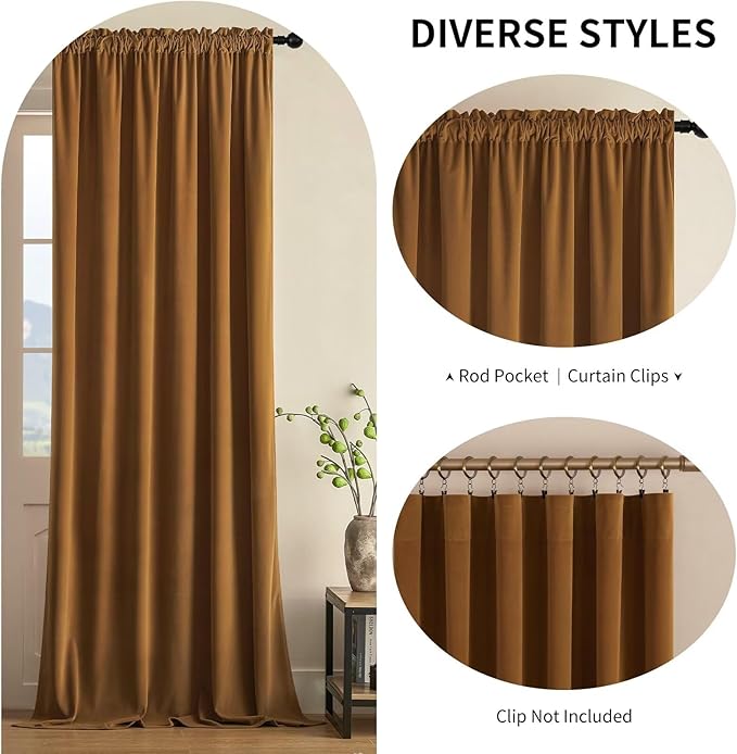 Joydeco Camel Brown Velvet Curtains 120 inch Length 2 Panels, Luxury Blackout Rod Pocket Thermal Insulated Window Curtains, Super Soft Room Darkening Drapes for Living Room Bedroom,W52 x L120 inches