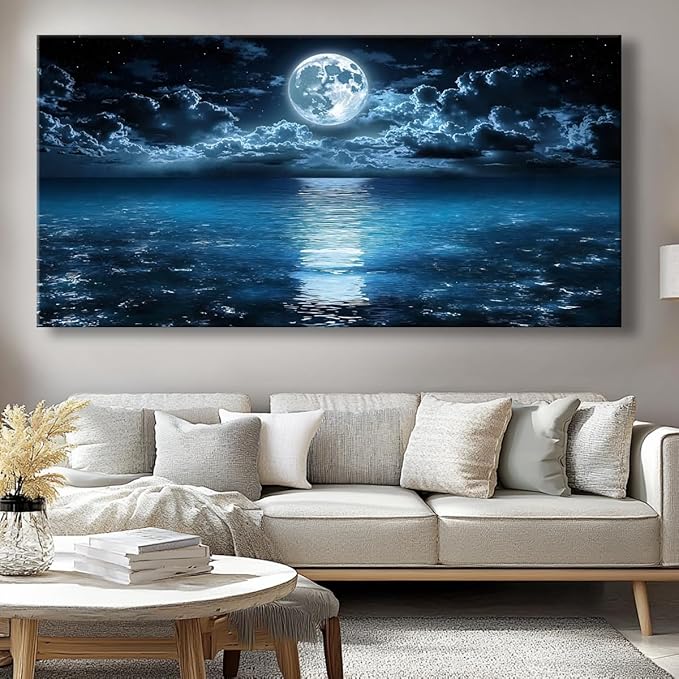 Huaaliunn Big Moon Canvas Wall Art - Modern Seascape Paintings for Living Room, Bedroom Wall Decor, Large Wall Art for Home or Office Decoration 75x150cm(30x60in)
