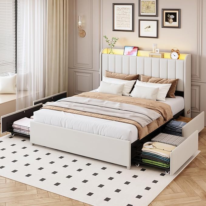 Queen Bed Frame with 4 Drawers and Storage Headboard, Upholstered Platform Bed Frame Queen Size with Led Lights and Handy Charging Station, No Box Spring Needed, Easy Assembly, Noise Free, Beige