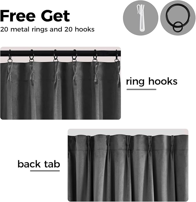 Pinch Pleated 100% Blackout Curtains for Bedroom, Grey Velvet Curtains for Living Room, Black Out Curtain 90 inch Long Room Darkening, Blackout Pinch Pleat Drapes with Hooks 2 Panels