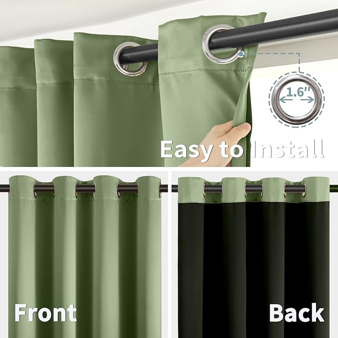BGment Thermal Insulated 100% Blackout Curtains for Bedroom with Black Liner, Double Layer Full Room Darkening Noise Reducing Grommet Curtain (52 x 72 Inch, Grass Green, 2 Panels)