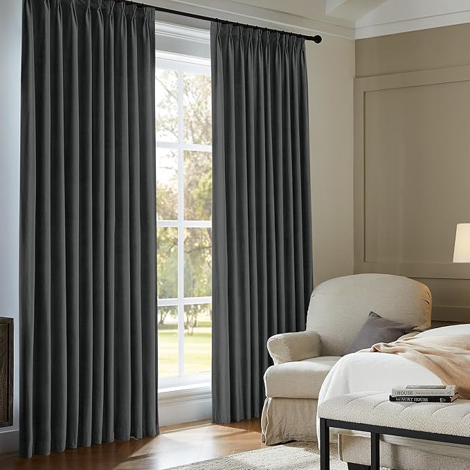 Pinch Pleated 100% Blackout Curtains for Bedroom, Grey Velvet Curtains for Living Room, Black Out Curtain 108 inch Long Room Darkening, Blackout Pinch Pleat Drapes with Hooks 2 Panels