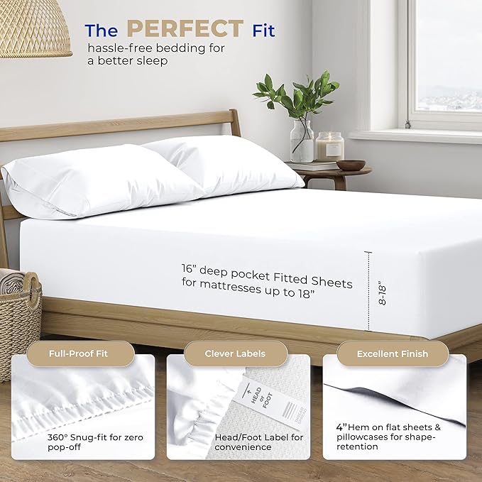 THREAD SPREAD 100% Cotton Split King Sheets for Adjustable Bed - 400 Thread Count 5 PC Sateen Split Sheet Set, Soft, Breathable Cooling Cotton Sheets, 16" Deep Pocket Split King Sheet (White)