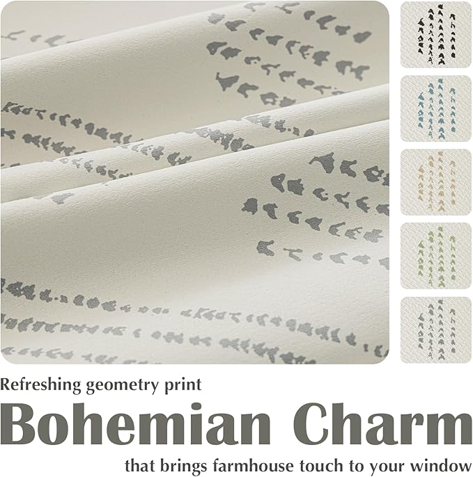 100% Boho Blackout Curtains 84 Inches Long for Bedroom, Grey on Beige Patterned Bohemian Curtains for Living Room, Geometric Striped Thermal Insulated Window Drapes Gromment Top 2 Panels