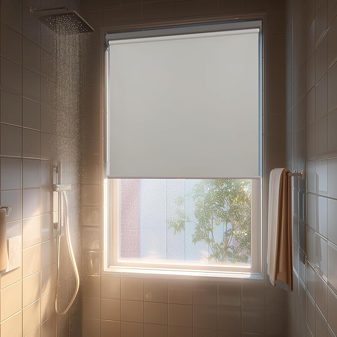 HESTIA No Drill Cordless Blackout Roller Shades Screwless Waterproof Shower Window Blinds, Auto-Retraction Easy Install Blind for Bathroom/Kitchen/Office/Exterior, White, 32" W x 54" H