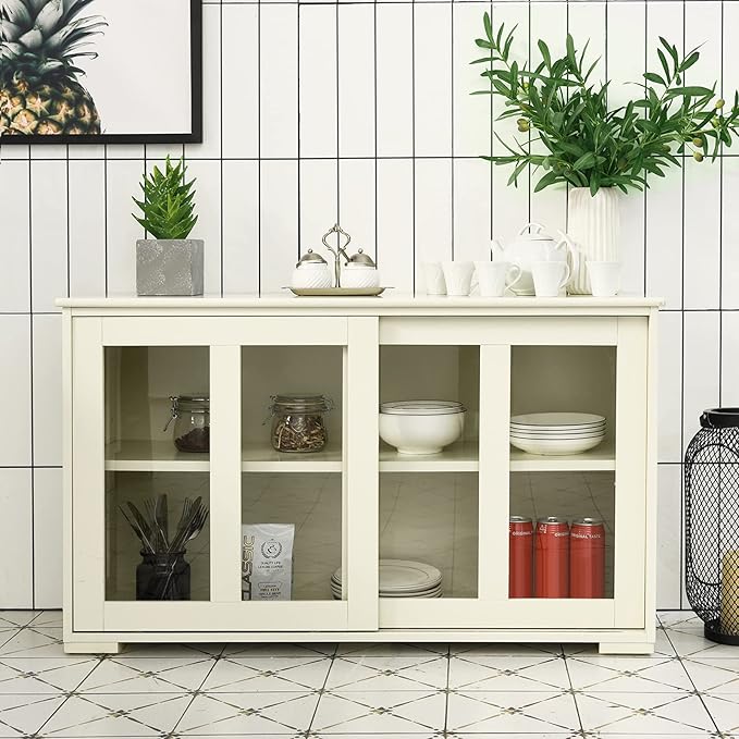 Costzon Sideboard Buffet Cabinet, Wooden Kitchen Storage Cabinet with Adjustable Shelf, Sliding Glass Doors, Accent Coffee Bar Cabinet Console Table for Living Room, Dining Room, Hallway (Cream White)