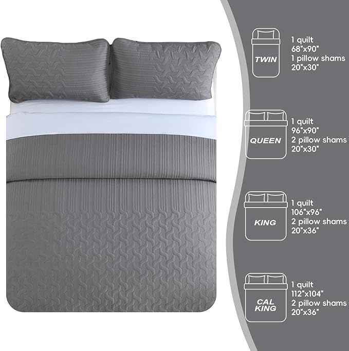 Yiran Grey Quilt Set Queen Size Lightweight Bedspread Ultrasonic Wave Pattern Soft Microfiber Coverlet for All Season Modern Style 3 Piece Bed Cover Sets with 2 Pillow Shams (96"x90")