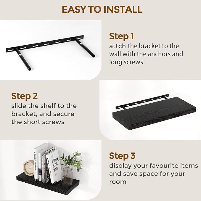 Floating Shelves 16 Inch Long, Wall-Mounted Bathroom Shelves Set of 2, 9.3 Inch Deep Shelf for Home Storage & Display, Wooden Deep Wall Shelves for Bedroom, Living Room, Kitchen, Black Color