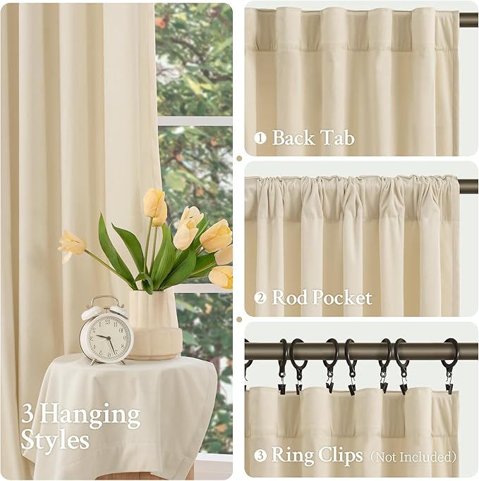 LAMIT Beige Velvet Curtains 102 Inch for Living Room, Elegant Thermal Insulated Drapes Noise Reducing Back Tab and Rod Pocket Drapes for Bedroom/French Door, 2 Panels, 52 x 102 Inch