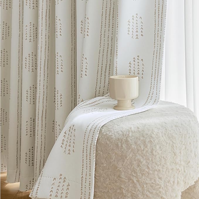 100% Boho Blackout Curtains 63 Inches Long for Bedroom, Taupe on Beige Patterned Bohemian Curtains for Living Room, Geometric Striped Thermal Insulated Window Drapes Gromment Top 2 Panels