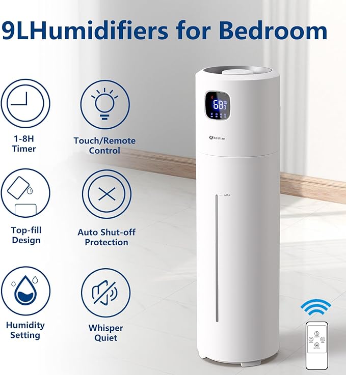 Large Humidifiers for Bedroom, 9L/2.5Gal Ultrasonic Cool Mist, Top Fill Easy Clean with 350ML/H Mist Speed, Quiet, Suitable for Kids Room Plant Yoga Office Study Room Living (White, Round)