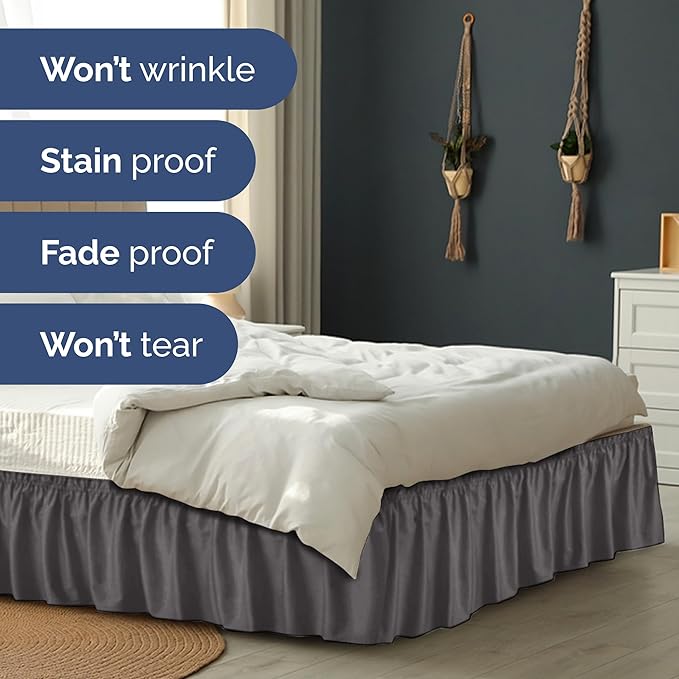 Wrap Around Dust Ruffle Bed Skirt - Dark Grey - for Full Size Beds with 24 Inch Drop - Elastic Strap - Adjustable Pleated Bedskirt with Brushed Fabric and Wrinkle Free - for Women, Men, Kids & Teens