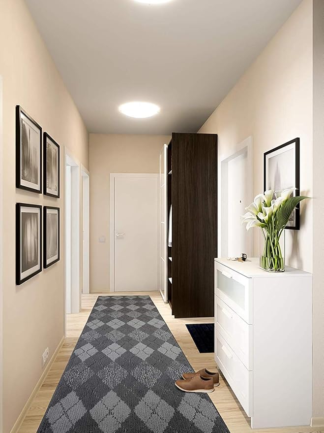 Custom Length Hallway Runner Rug,Slip Resistant,Squares Anthracite, 26 Inch X 27 feet, Sold and Priced Per Foot