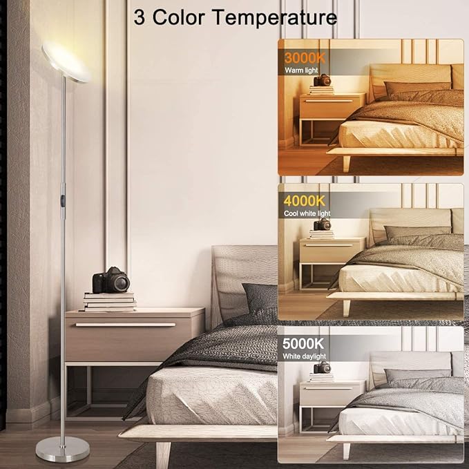 Floor Lamp,30W/2400LM Sky LED Modern Torchiere 3 Color Temperatures Super Bright Floor Lamps-Tall Standing Pole Light with Remote & Touch Control for Living Room,Bed Room,Office (Brushed Nickel)
