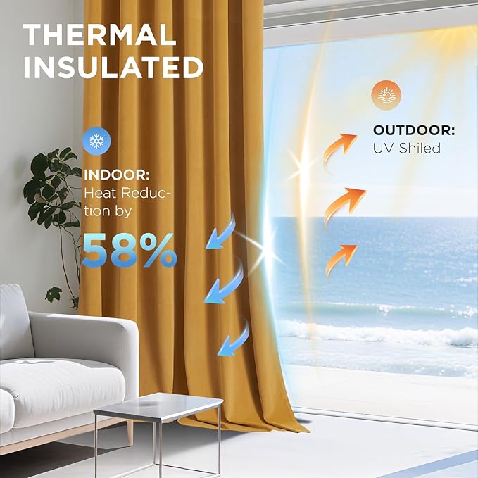 Joydeco Mustard Yellow 100% Blackout Curtains 90 Inch 2 Panels, Luxury Thermal Yellow Velvet Curtains for Bedroom Living Room, Soundproof Blackout Window Drapes, Rod Pocket & Back Tab (52W x 90L)