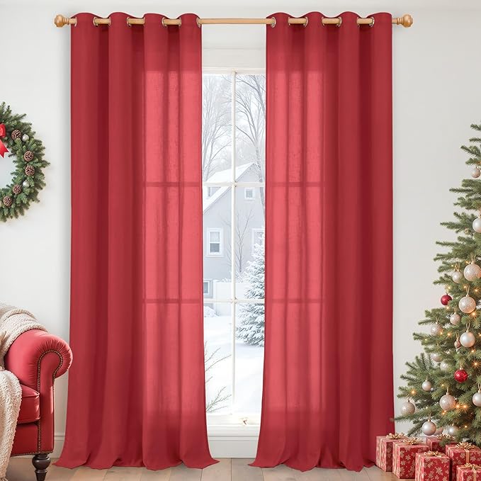 YoungsTex Red Linen Curtains 95 Inches Length for Living Room, Light Filtering Drapes Privacy with Grommet for Christmas Bedroom Dining Room, 2 Panels, 52 X 95 Inch