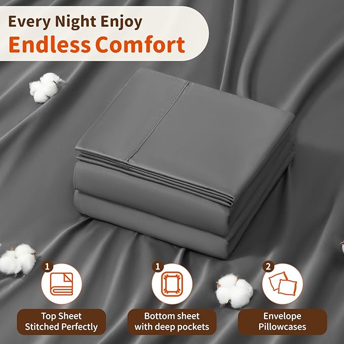 LBRO2M 100% Cotton Sheets Set Deep Pocket 24", 1000 Thread Count Full Size 4 Piece Bed Sheet Sets Soft Comfortable Bedding All Season (Full, Dark Gray)