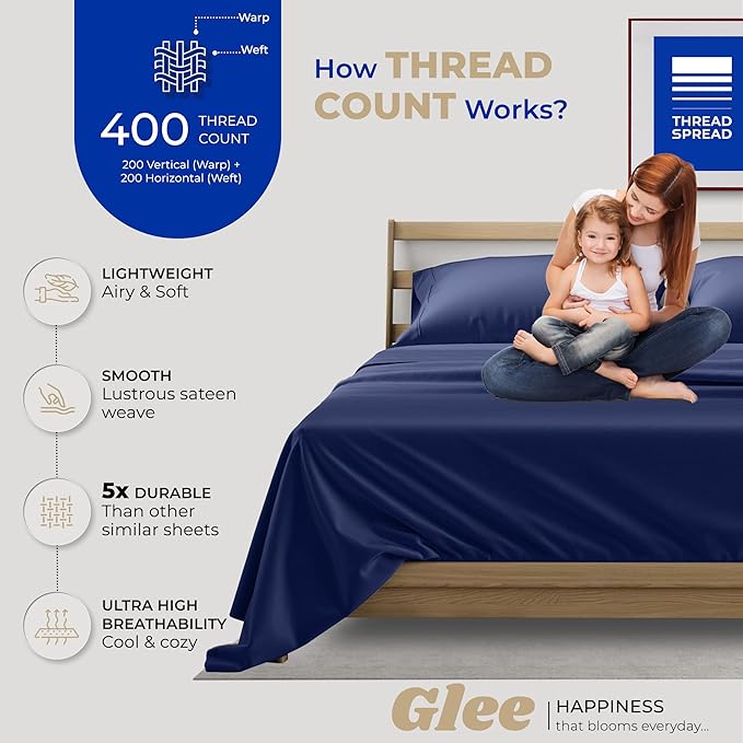 THREAD SPREAD 100% Cotton Sheets Twin Size - 400 Thread Count Cotton Bed Sheets Twin, 3 PC Set (Navy Blue), Luxury Soft, Breathable, Cooling, Sateen Weave 16" Deep Pocket Bedsheet for Dorm Rooms