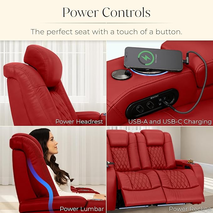 Seatcraft Diamante Zero-Gravity CoolZero Italian Leather Home Theater Seating, Power Headrest, Power Recline, Row of 2, Red
