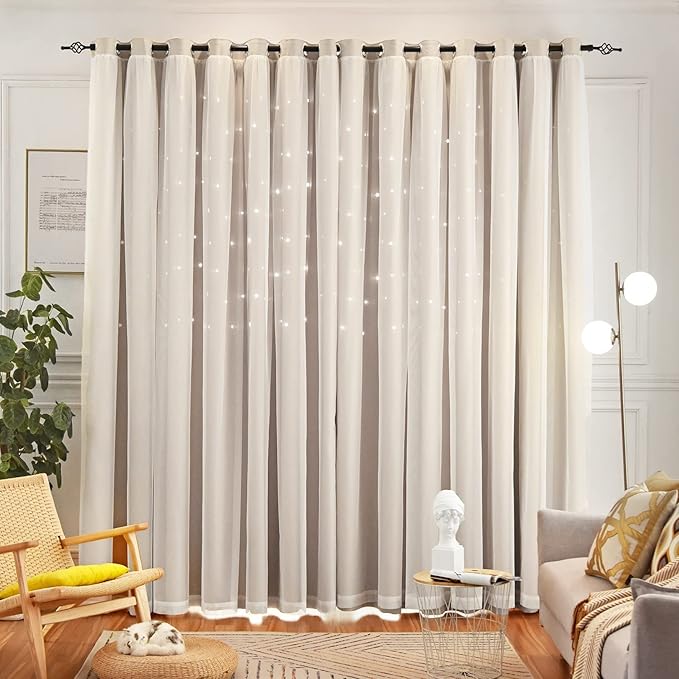 Star Double Layer Blackout Curtains for Bedroom & Kids, Cute, 72 Inches Long, 2 Panels Set, Beige, 42 X 72 Inches