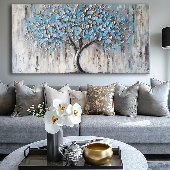 Huaaliunn Blue Tree Canvas Wall Art - Modern Botanical Paintings for Living Room, Bedroom Wall Decor,Art for Home or Office Decoration, Large Wall Art 71x36in