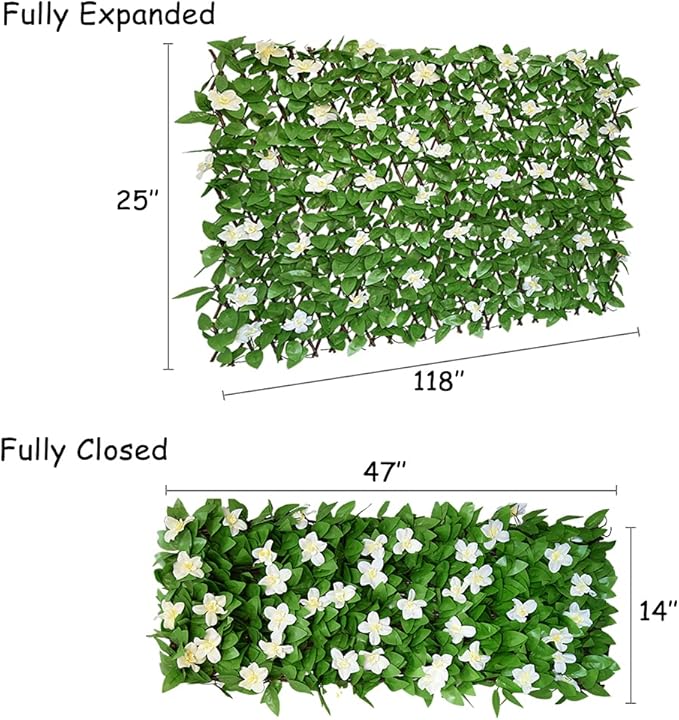 Sumery Expandable Fence Privacy Screen for Balcony Patio Outdoor,Decorative Faux Ivy Fencing Panel,Artificial Hedges (Single Sided Leaves) (4, White Flowers)