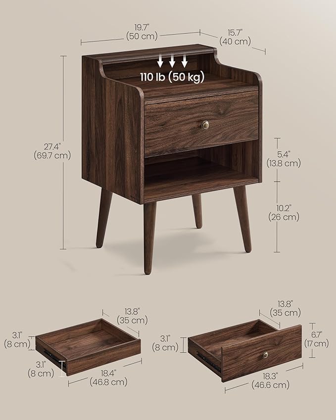 VASAGLE Nightstands, Set of 2, Bedside Tables with Hidden Drawers, Mid-Century End Side Tables with Solid Wood Legs, for Bedroom, Natural Walnut ULET624K01