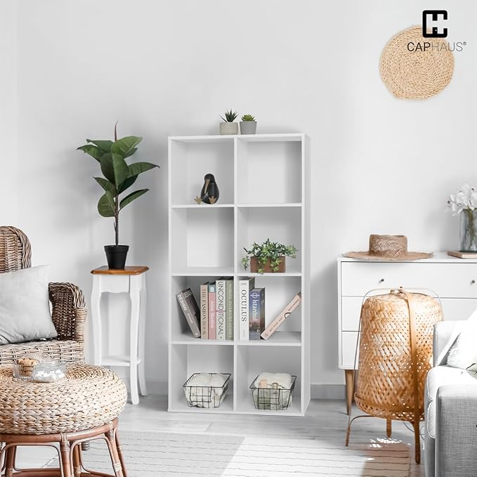 CAPHAUS Sturdy Room 11-Inch Cube Storage Organizer Shelf, with Thick Exterior Edge, Storage Shelf Divider w/Back, Bookcase, 8-Cube, Rustic Grey Oak