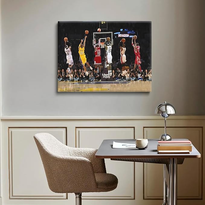 Basketball Legends Canvas Wall Art Print Poster, Iconic Sports Stars Shooting Inspirational Picture, Motivational Photography Wall Decor for Gym Dorm Home Office Living Room Bedroom, Framed 20x24inch