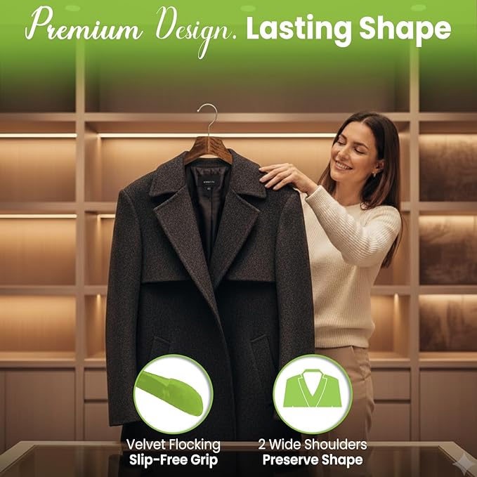 Premium Luxe Wooden Hangers for Women, Wide Shoulder Design for Dresses, Skirts, Sweaters & Blouses, Heavy Duty with Velvet Grip, Mahogany with Black Velvet, 30 pcs