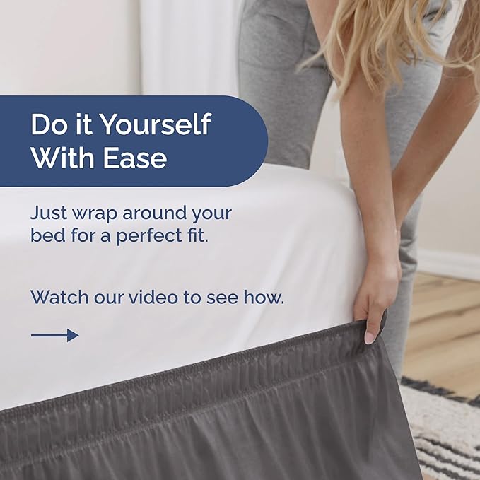 Wrap Around Dust Ruffle Bed Skirt - Dark Grey - for Queen Size Beds with 18 Inch Drop - Elastic Strap - Adjustable Pleated Bedskirt with Brushed Fabric and Wrinkle Free - for Women, Men, Kids & Teens
