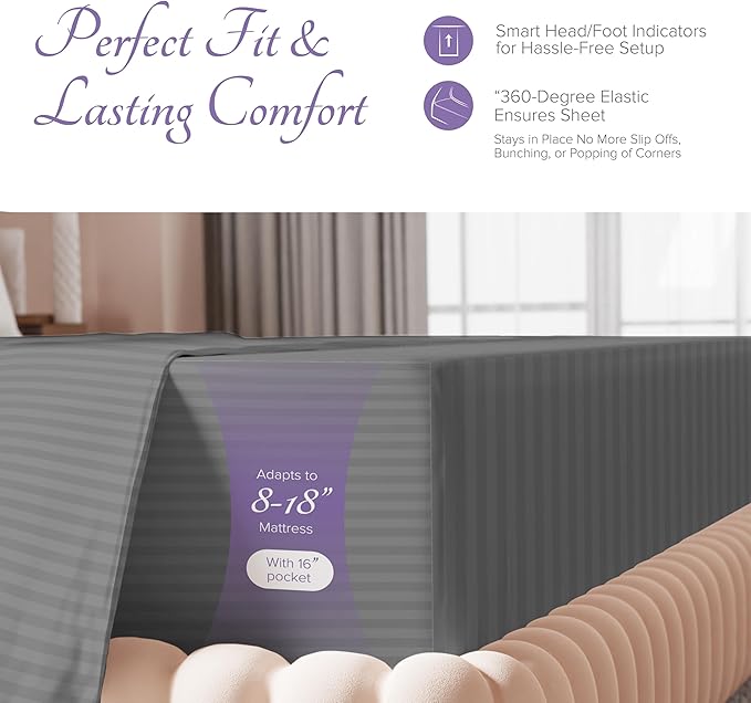 Carressa Linen Luxury Egyptian Cotton Twin XL Stripe Sheet Set - 600 Thread Count Extra Long Staple 3 PC Set, Dark Grey Twin XL Damask Sheets, Soft, Cooling Sateen Weave Sheets Upto 18 in Deep Pocket