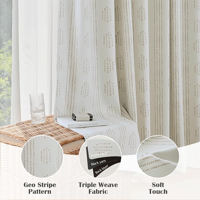 100% Boho Blackout Curtains 90 Inches Long for Bedroom, Taupe on Beige Patterned Bohemian Curtains for Living Room, Geometric Striped Thermal Insulated Window Drapes Gromment Top 2 Panels