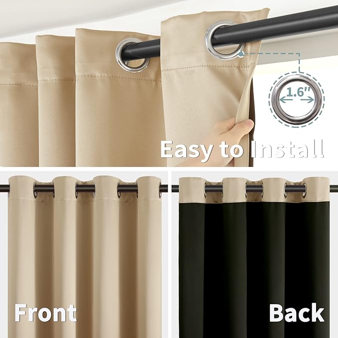 BGment Thermal Insulated 100% Blackout Curtains for Bedroom with Black Liner, Double Layer Full Room Darkening Noise Reducing Grommet Curtain (38 x 63 Inch, Beige, 2 Panels)