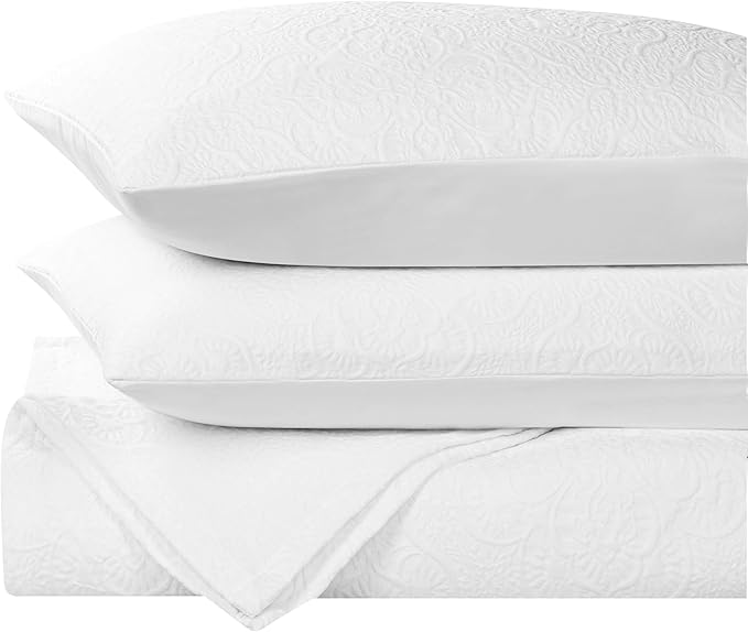 Superior 3 Piece Bedspread Set, Home Bed Decor, Decorative Bed Spread, 2 Pillow Shams, Medium Weight Blanket, Floral Matelasse Coverlet, Bedding Essentials, Enzy Collection, California King, White