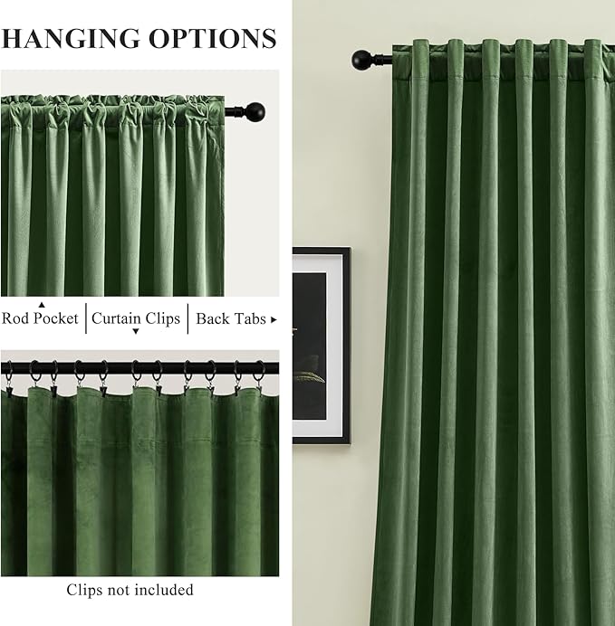 AUSSPVOCT Olive Green Velvet Curtains 84 Inches for Living Room, Elegant Thermal Insulated Room Darkening Heavy Blackout Drapes Luxury Curtain for Bedroom, Back Tab Rod Pocket, W52 x L84, 2 Panels