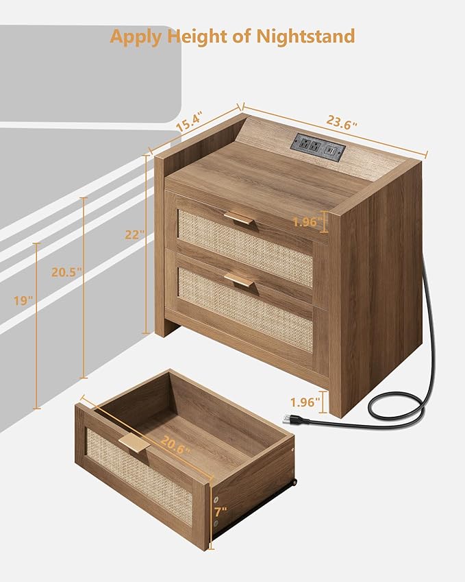 SICOTAS Night Stand Set of 2 - Rattan Nightstands with Type-C Charging Station, 2 Rattan Drawers - Boho Bed Side Tables End Table for Small Space - Natural Oak