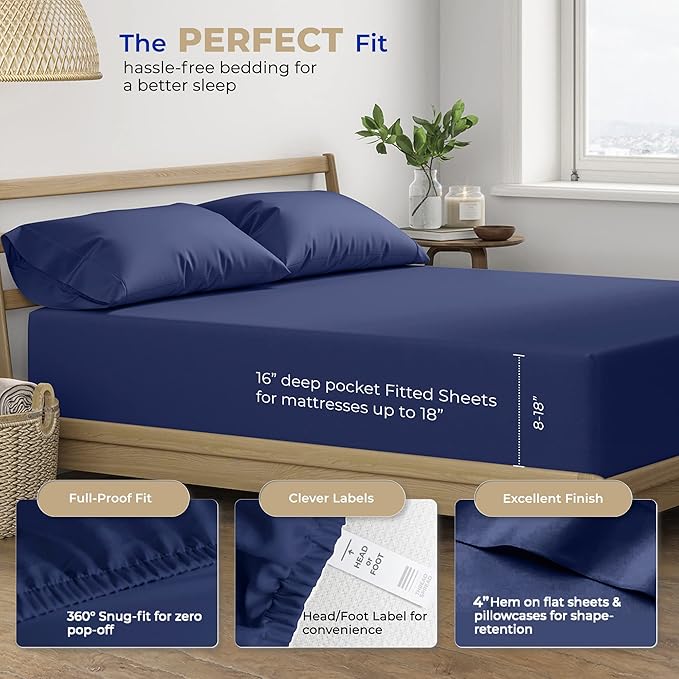 THREAD SPREAD 400 Thread Count King Cotton Sheets - 4 PC King Size Bed Sheet Set Cotton (Navy Blue), Soft, Cooling, Hotel-Quality 16" Deep Pocket Sateen Bedsheet for Hot Sleepers (Fits 18" Mattress)