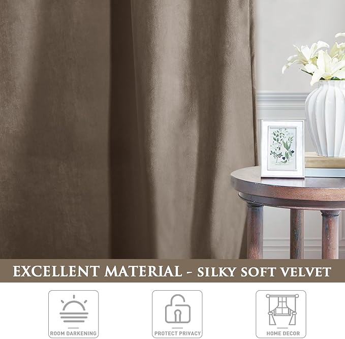 StangH Taupe Velvet Room Darkening Curtains Premium Soft Thermal Insulated Drapes for Bedroom/Office, Noise Reduction Curtains, Modern Decor, W52 x L105, 2 Panels