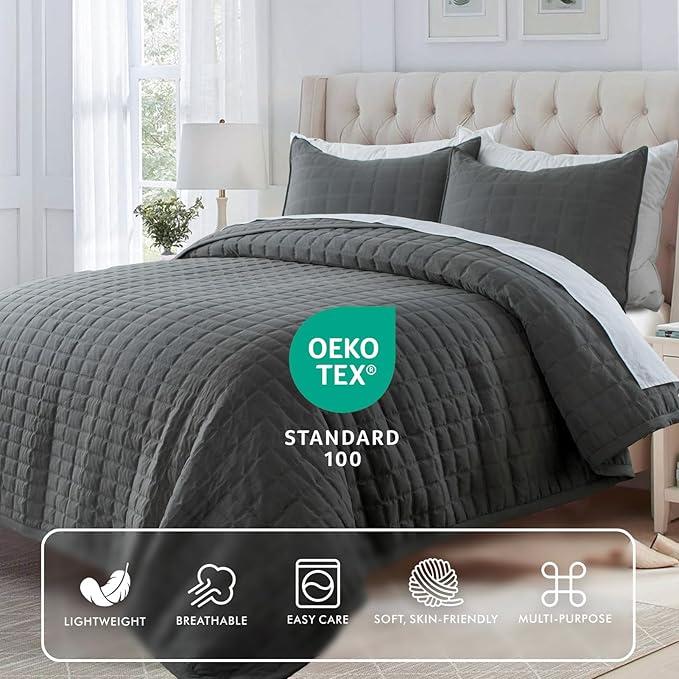 KASENTEX Queen Quilt Set 90"x90" – Soft Washed 3-Layer Lightweight Bedspread, Minimalist Nordic Design, All-Season Spring & Summer Quilt Set (1 Quilt + 2 Pillow Shams), Dark Grey