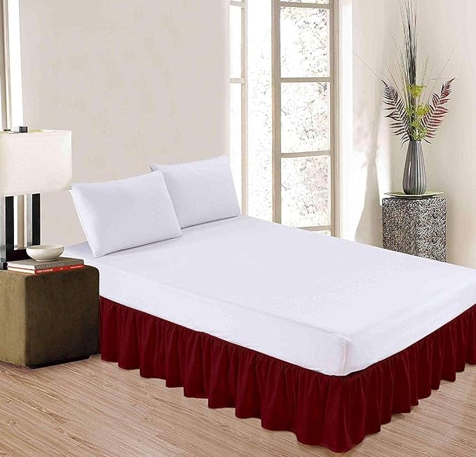 Burgundy Solid Ruffled Bed Skirt Short Queen-24 Inch Drop Split Corner, Microfiber Bedskirt with Platform Three Sided Coverage